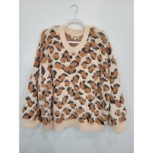 Listicle Leopard Print Fuzzy Knit V Neck Long Sleeve Sweater Women's M Oversized